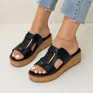Franco Sarto Hesta Platform Sandals Womens 9.5M Black Cork Wedge Slide